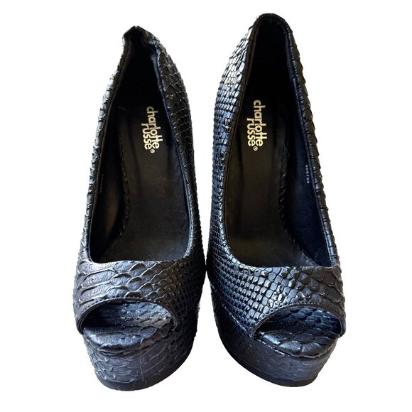 Charlotte Russe  Black Textured Snake Pattern Platform High Heels Peep Toe NWOB - Picture 2 of 14